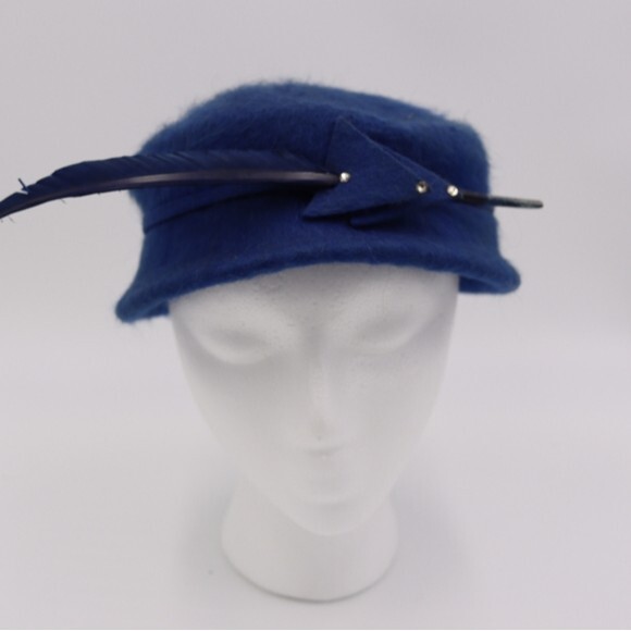 Vintage Wool Hat Blue Pillbox Hat Feather Melusse Church Hat main image 4